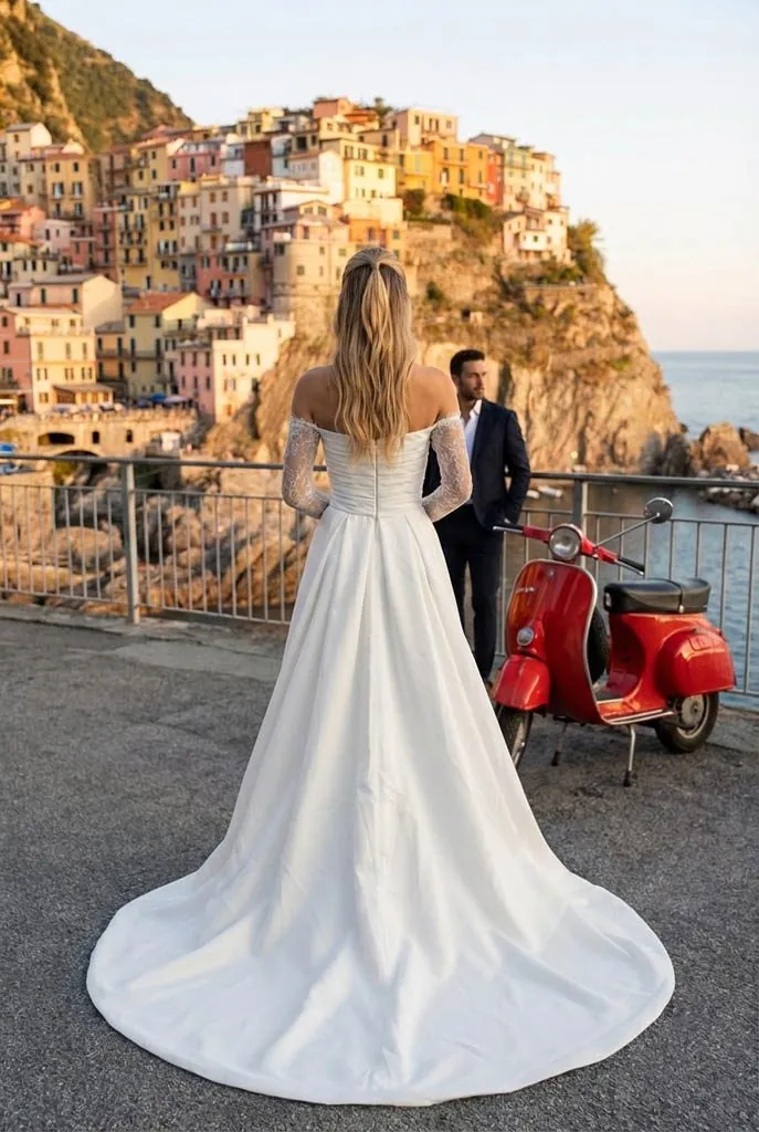 Mariée en robe Paul & Nathalie 27PN26 en crêpe et marié près d’un scooter rouge